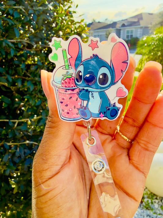 Blue Alien Badge Reel, Strawberry Drink ID Holder