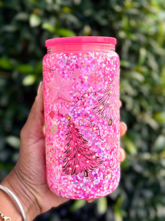 Pink Christmas Glitter Tumbler – 16oz Glass Cup with Candy Cane & Tree Design