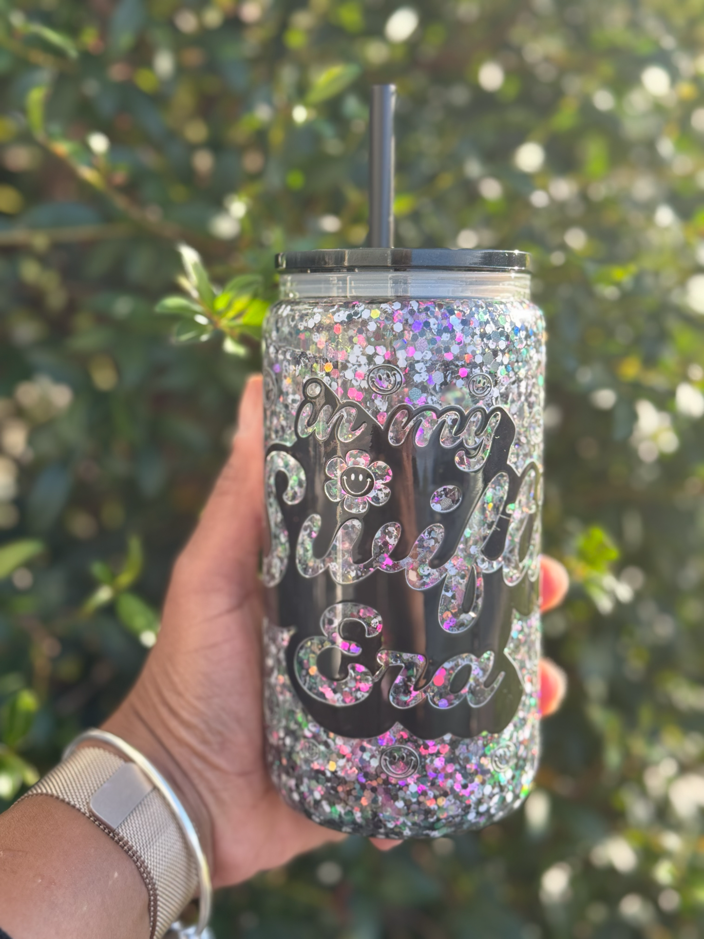 Swiftie Inspired Glass Snow Globe Tumbler with Glitter & Straw