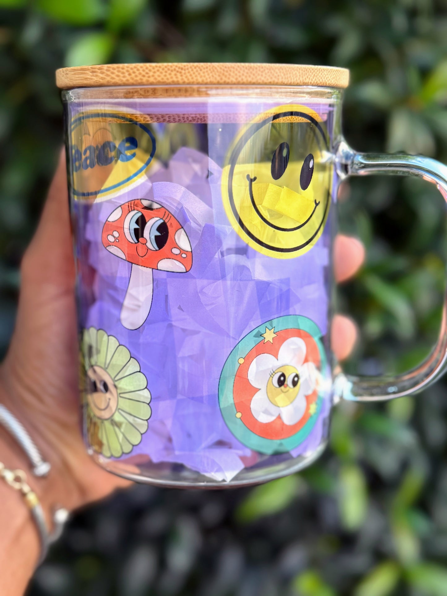 Retro “Cool!” Smiley Flower Glass Jar with Bamboo Lid and Straw