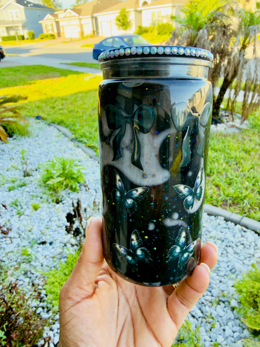 16oz MaMa Snowglobe Can acrylicTumbler | Black Floral Letter | Butterfly & Bow | Personalized Gift for Her