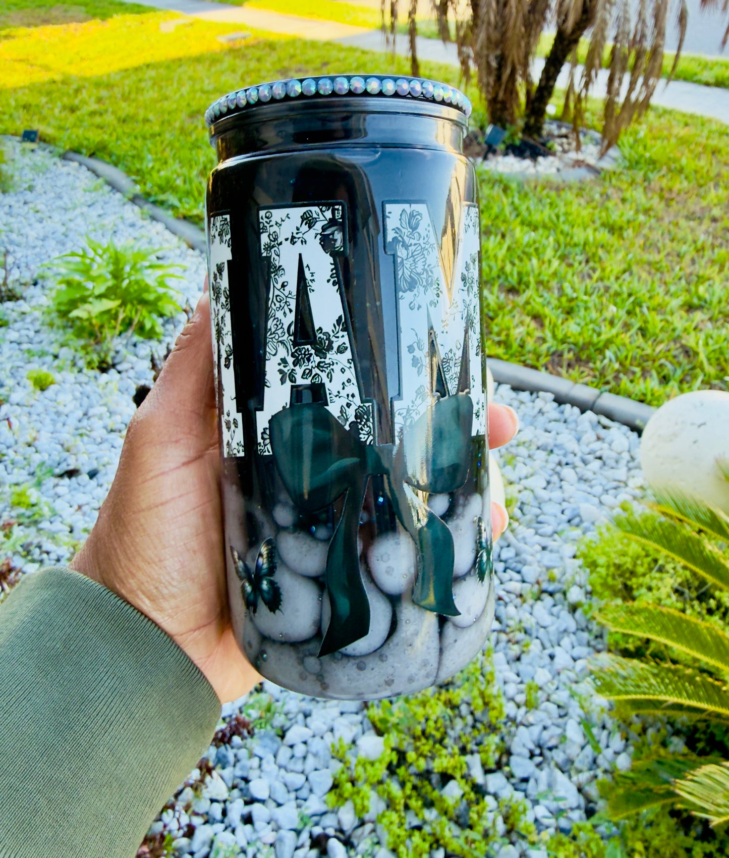 16oz MaMa Snowglobe Can acrylicTumbler | Black Floral Letter | Butterfly & Bow | Personalized Gift for Her