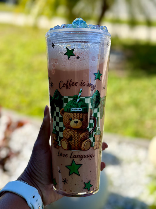 Coffee Is My Love Language 24oz Snowglobe Tumbler with ice topping