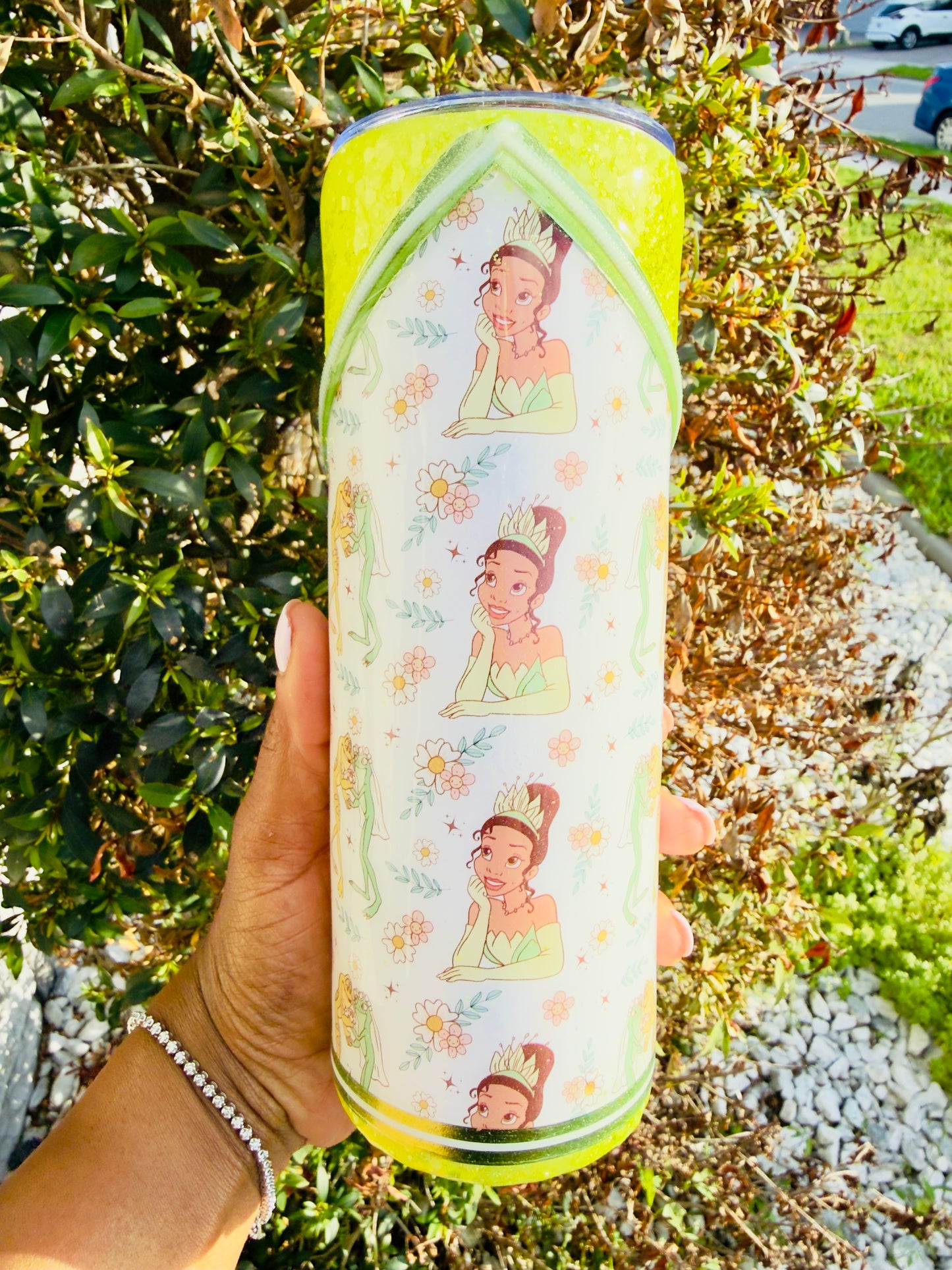 Princess Tiana 20oz Skinny Tumbler with Charm | DTF Wrap | Floral Green Design