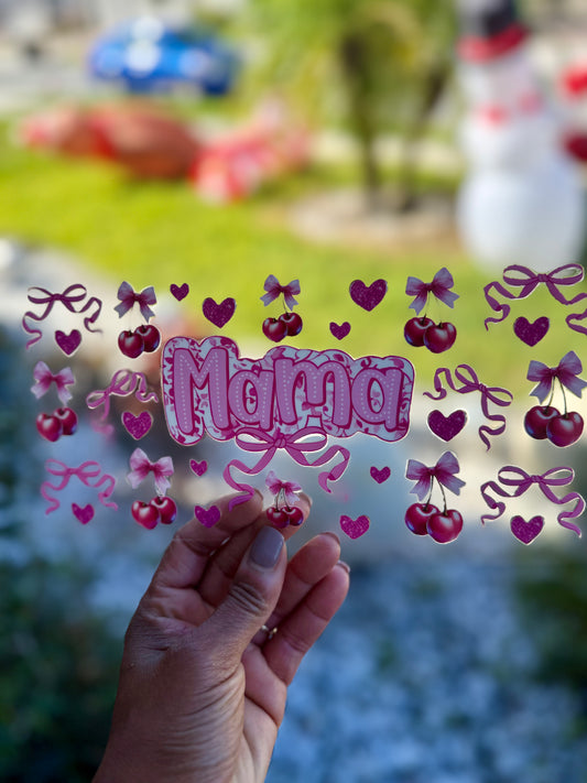 MaMa Cherry Name UV DTF Wrap Cute Coquette Bow Tumbler Decal