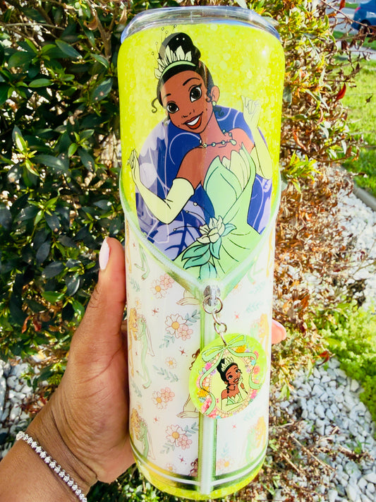 Princess Tiana 20oz Skinny Tumbler with Charm | DTF Wrap | Floral Green Design