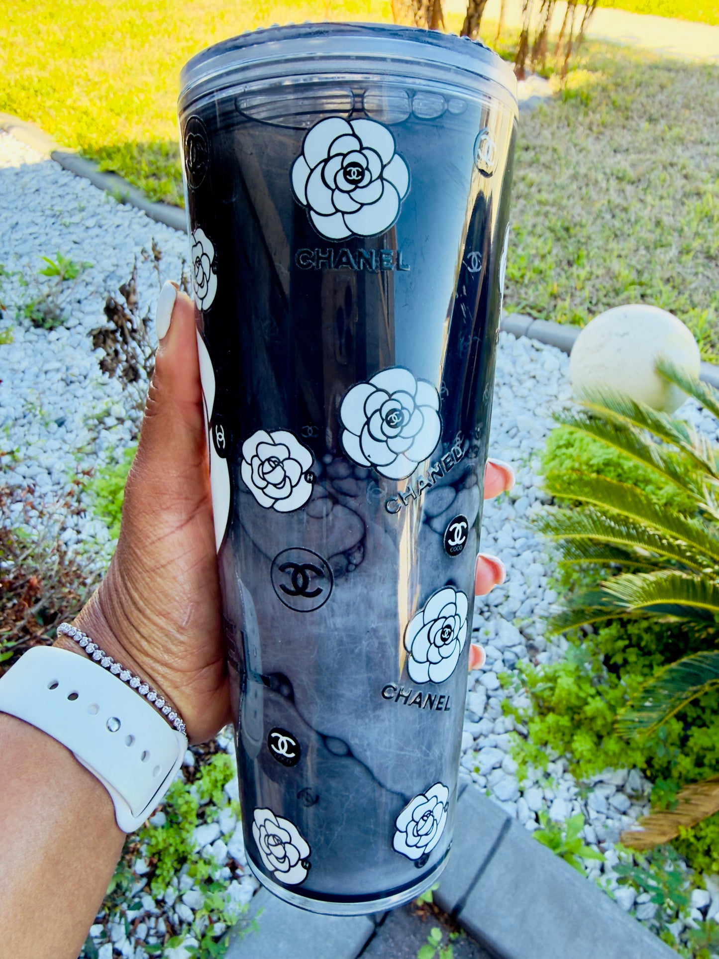 Luxury Black & White Floral Snow Globe Tumbler