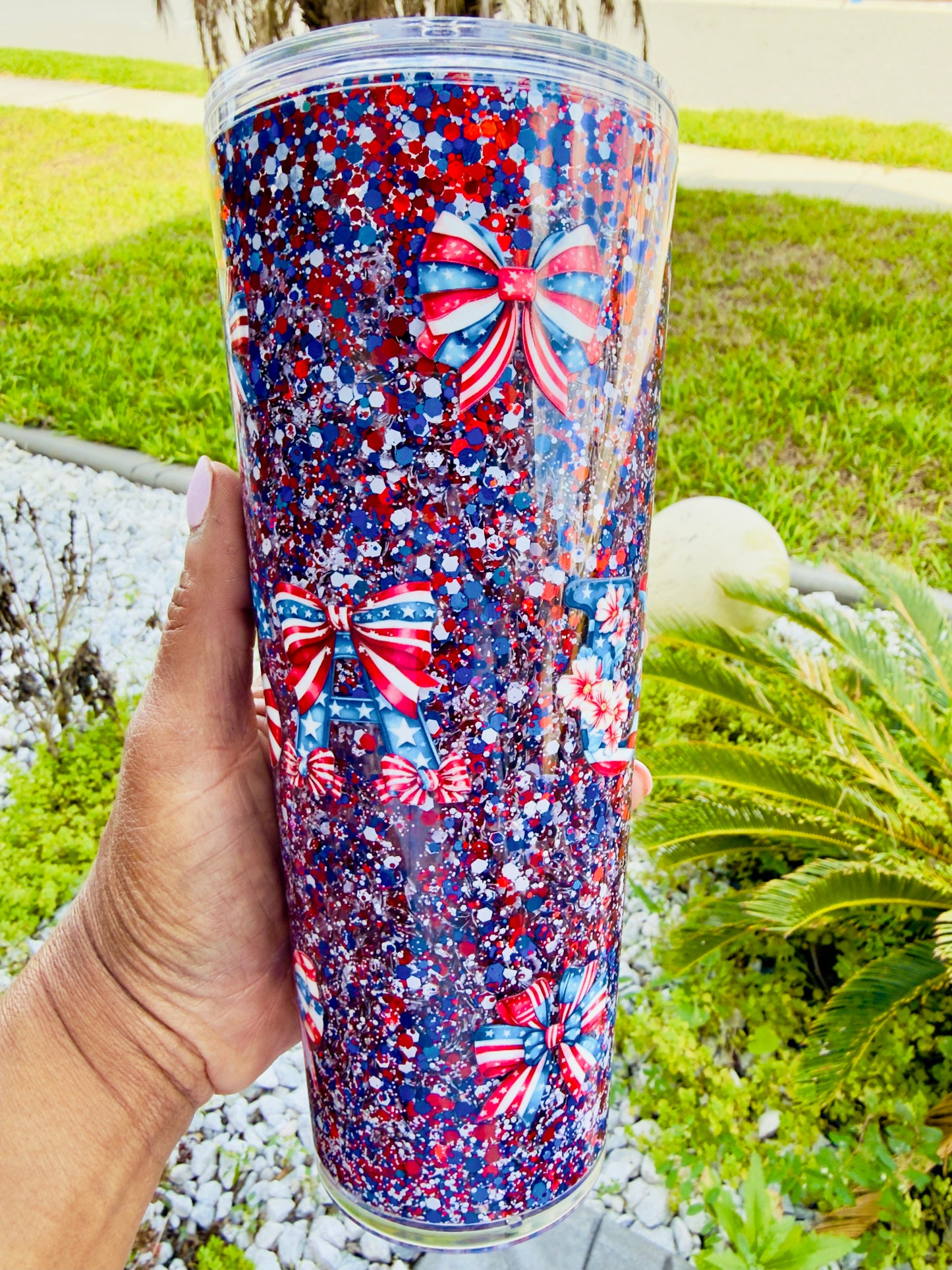 Patriotic Glitter Tumbler – Red White & Blue Bow Wreath 4th of July Cup