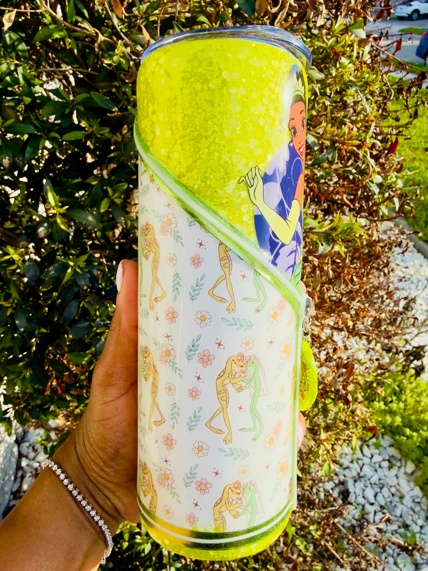 Princess Tiana 20oz Skinny Tumbler with Charm | DTF Wrap | Floral Green Design