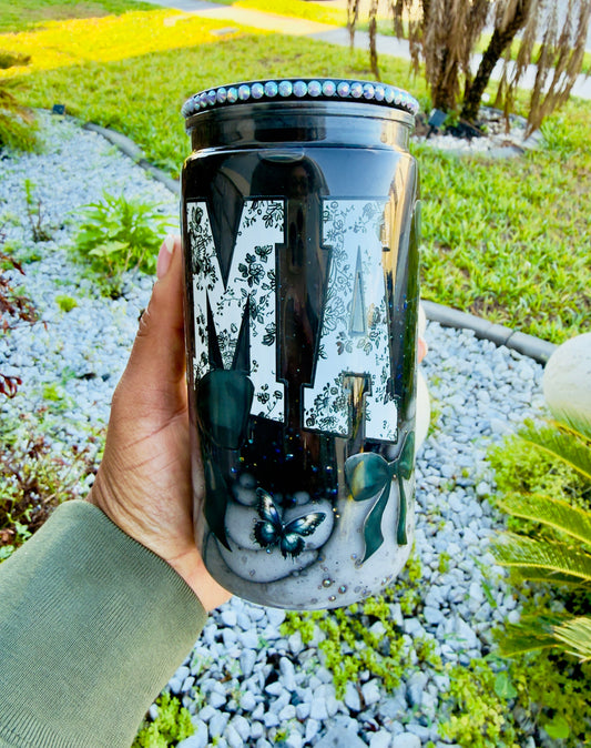 16oz MaMa Snowglobe Can acrylicTumbler | Black Floral Letter | Butterfly & Bow | Personalized Gift for Her