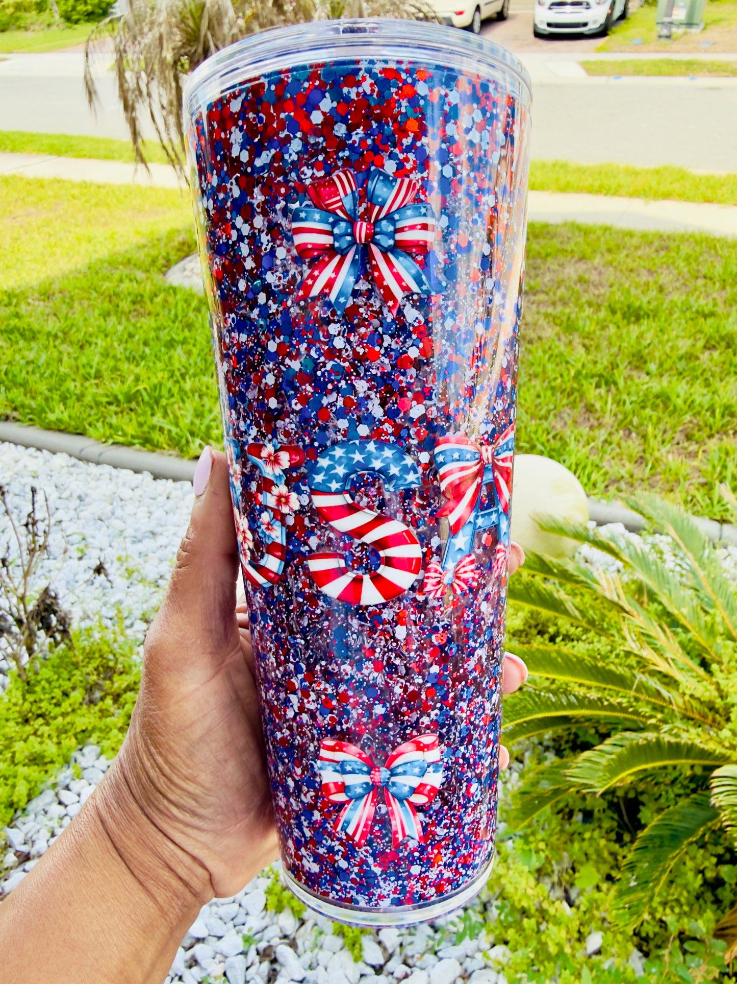 Patriotic Glitter Tumbler – Red White & Blue Bow Wreath 4th of July Cup