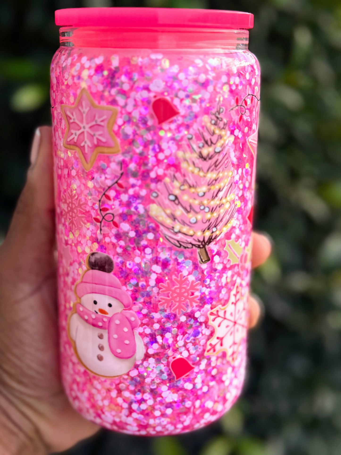 Pink Christmas Glitter Tumbler – 16oz Glass Cup with Candy Cane & Tree Design