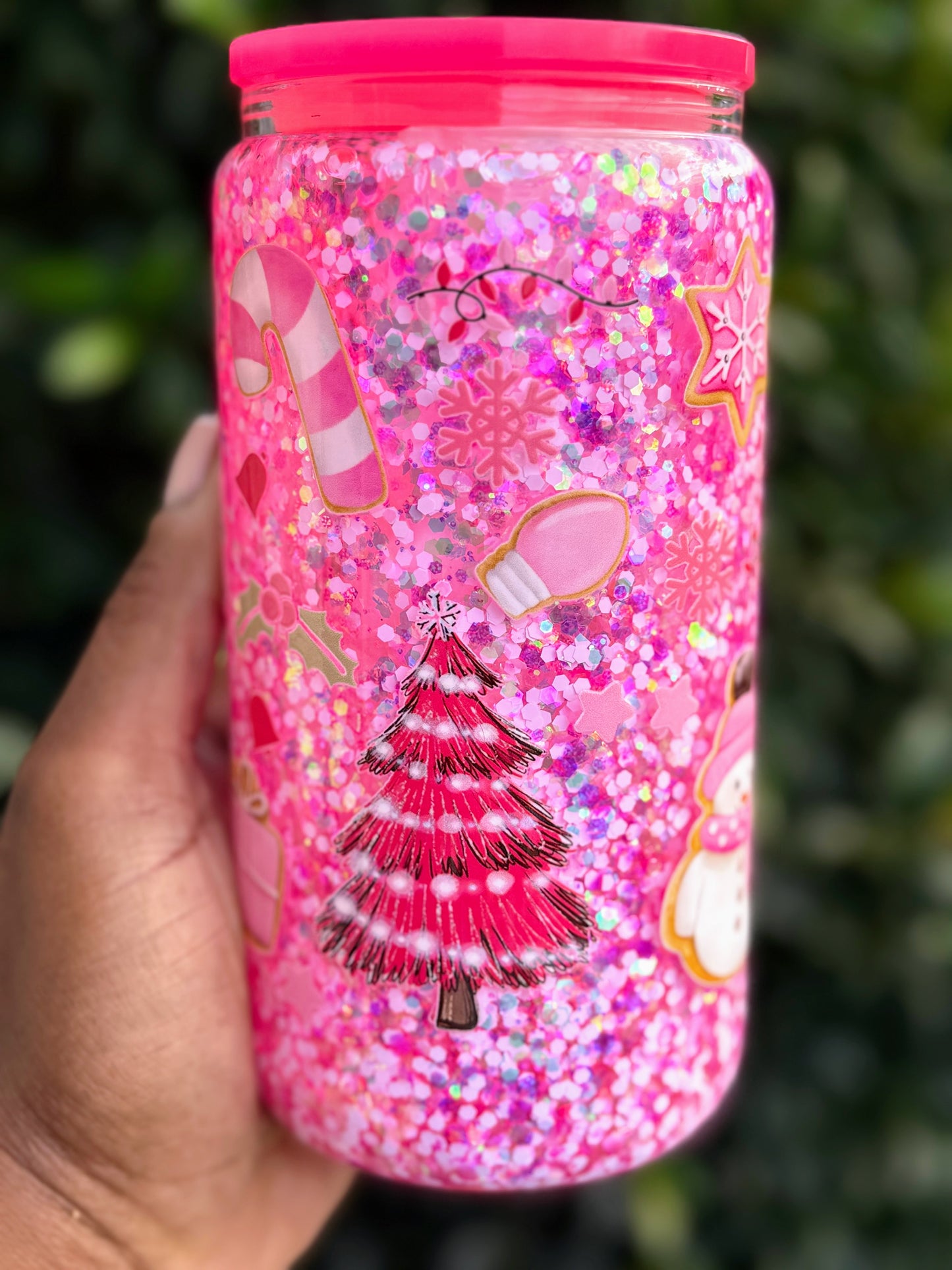 Pink Christmas Glitter Tumbler – 16oz Glass Cup with Candy Cane & Tree Design
