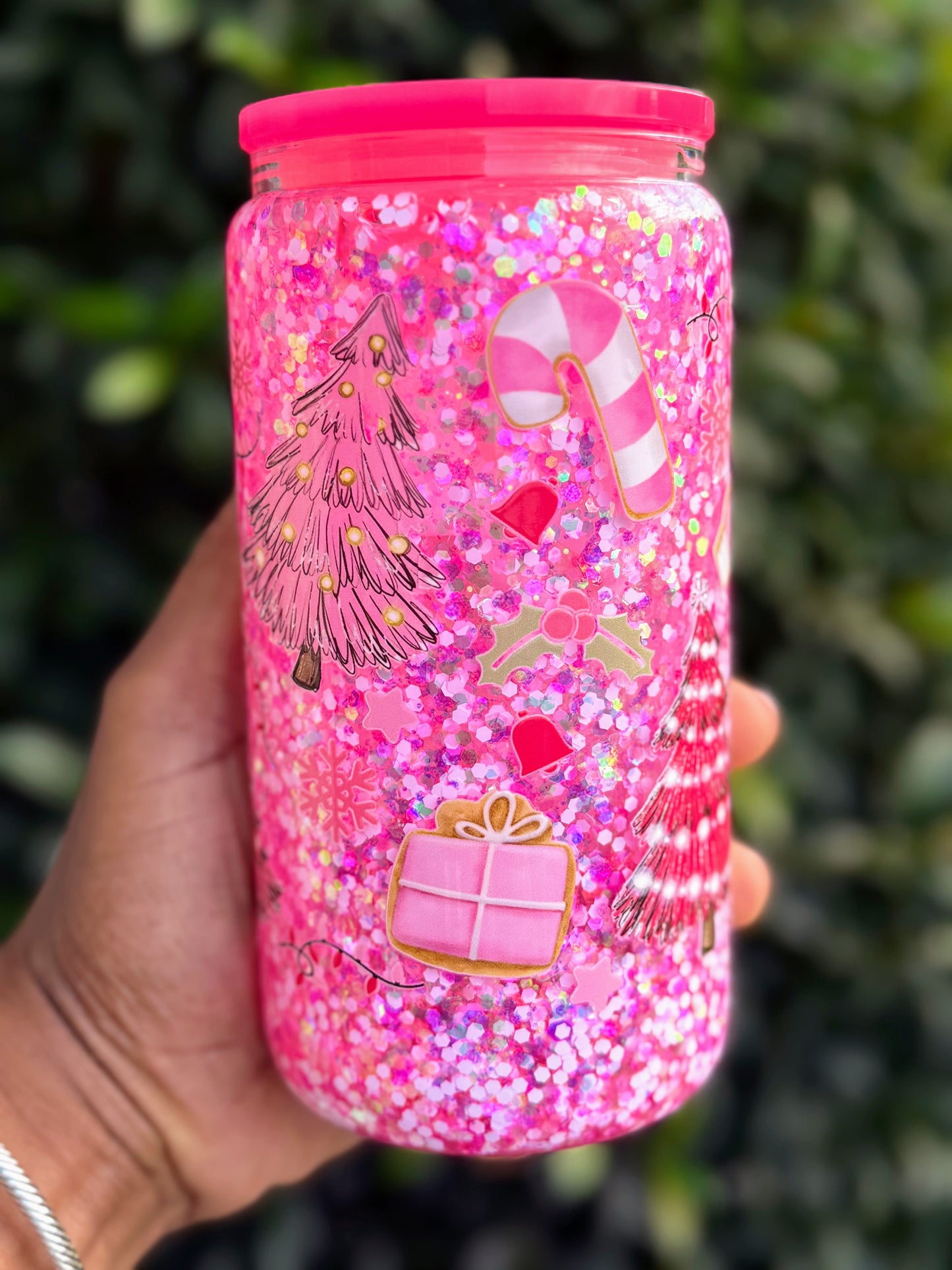 Pink Christmas Glitter Tumbler – 16oz Glass Cup with Candy Cane & Tree Design