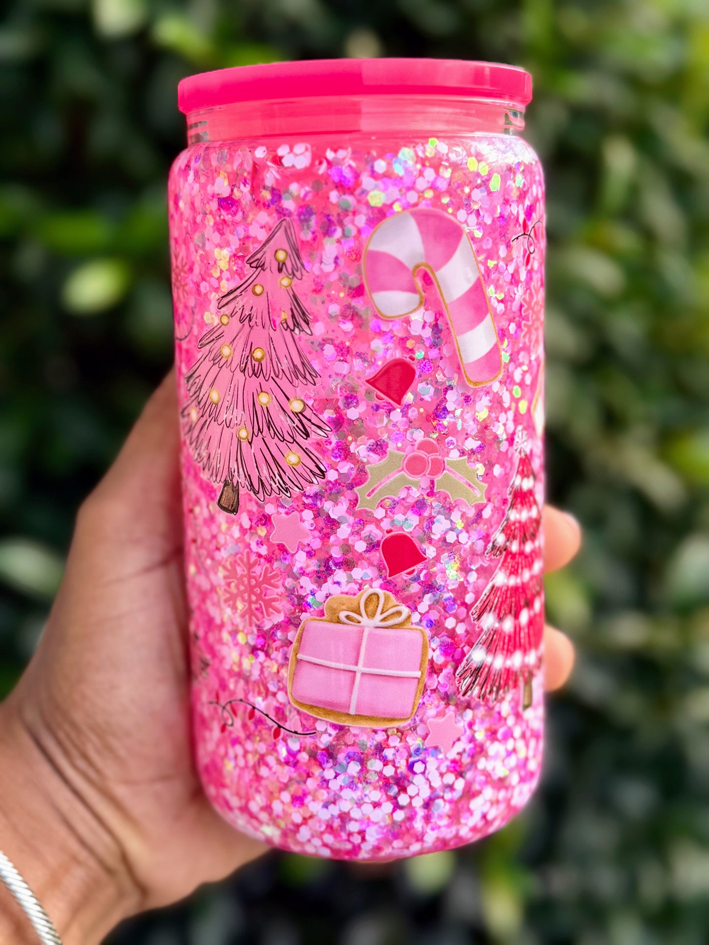 Pink Christmas Glitter Tumbler – 16oz Glass Cup with Candy Cane & Tree Design