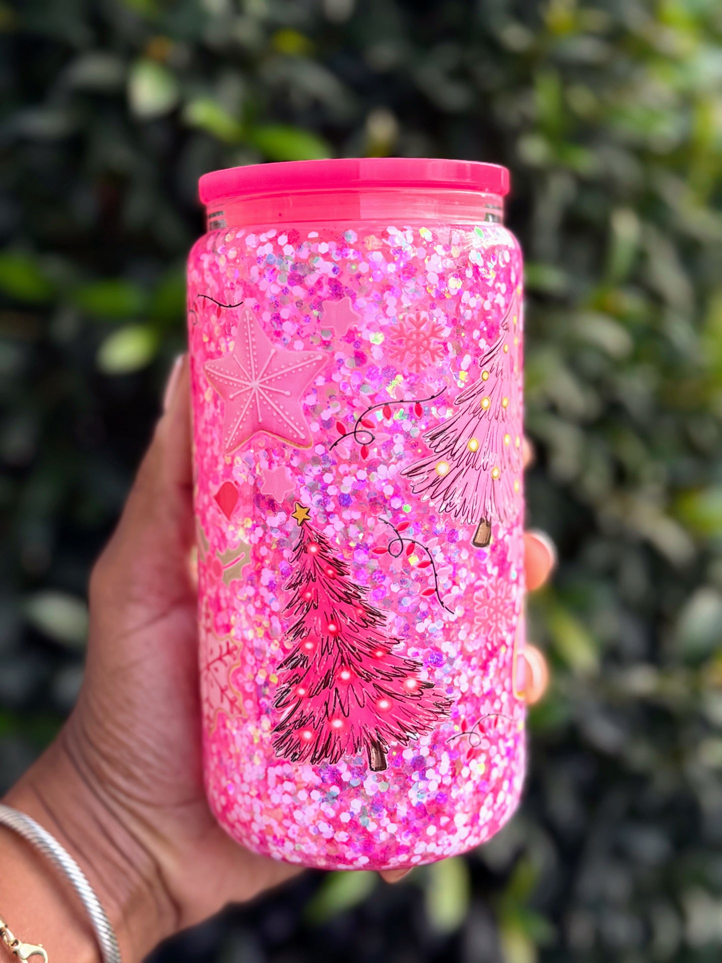 Pink Christmas Glitter Tumbler – 16oz Glass Cup with Candy Cane & Tree Design