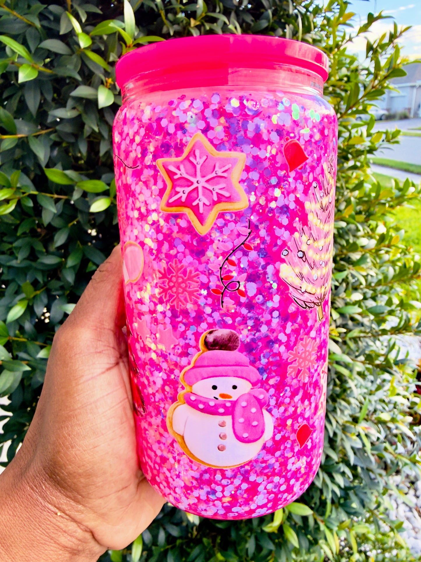 Pink Christmas Glitter Tumbler – 16oz Glass Cup with Candy Cane & Tree Design