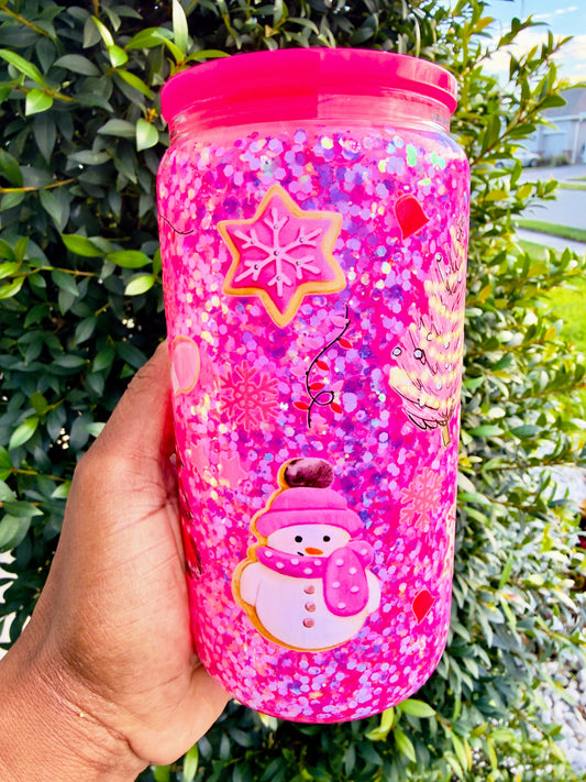 Pink Christmas Glitter Tumbler – 16oz Glass Cup with Candy Cane & Tree Design