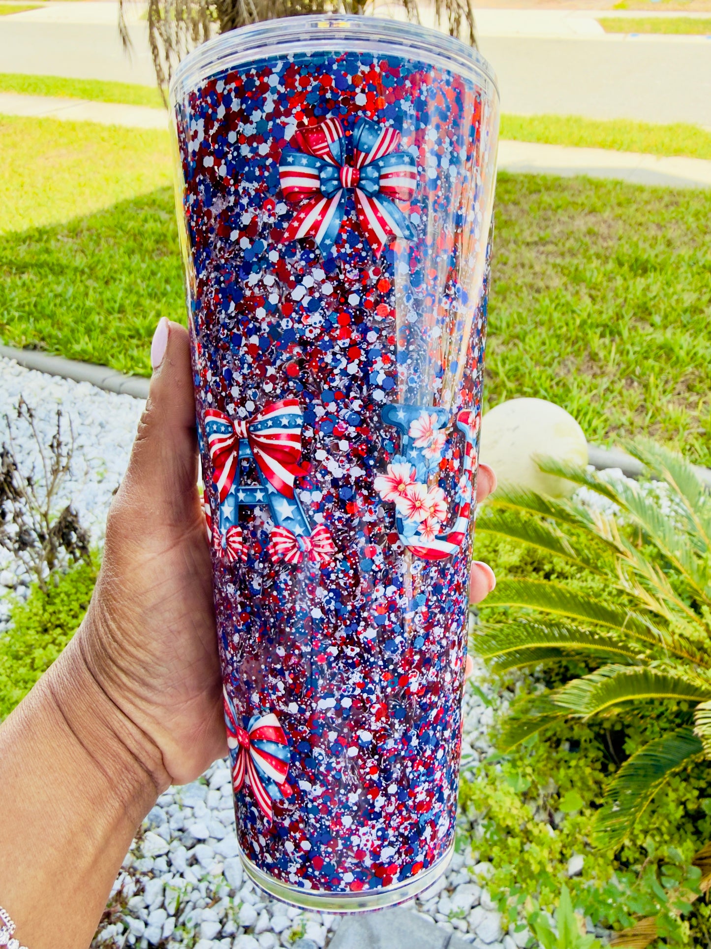 Patriotic Glitter Tumbler – Red White & Blue Bow Wreath 4th of July Cup