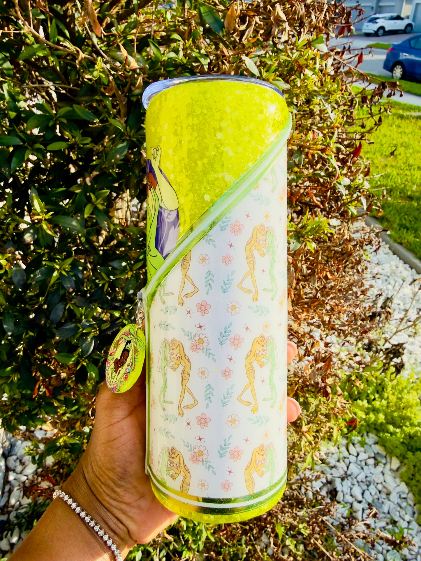 Princess Tiana 20oz Skinny Tumbler with Charm | DTF Wrap | Floral Green Design