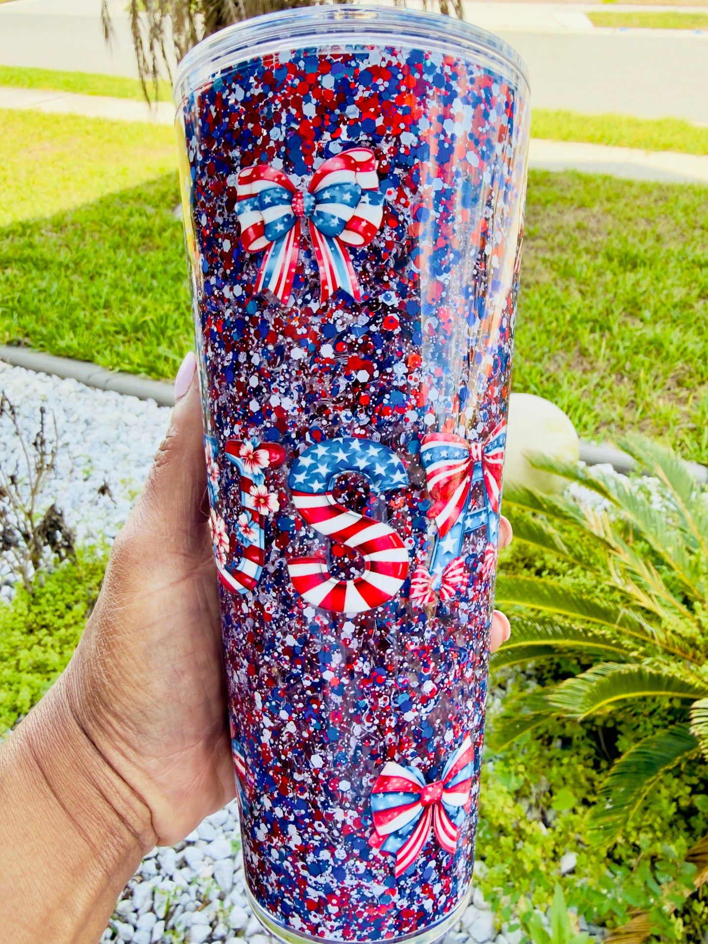 Patriotic Glitter Tumbler – Red White & Blue Bow Wreath 4th of July Cup