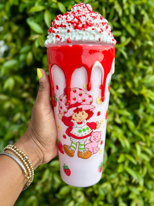 Strawberry Shortcake Snowglobe Tumbler with drip and whip cream toping