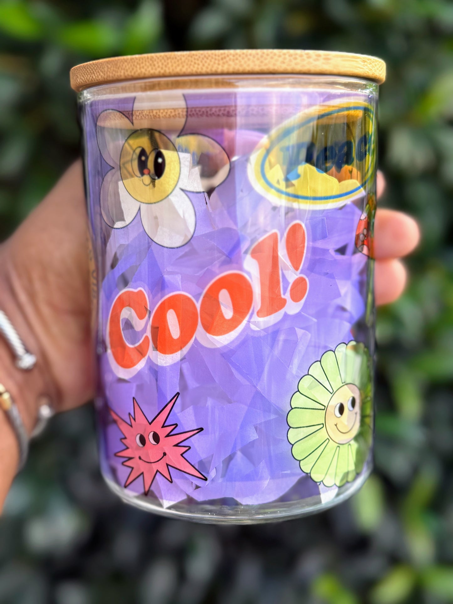 Retro “Cool!” Smiley Flower Glass Jar with Bamboo Lid and Straw