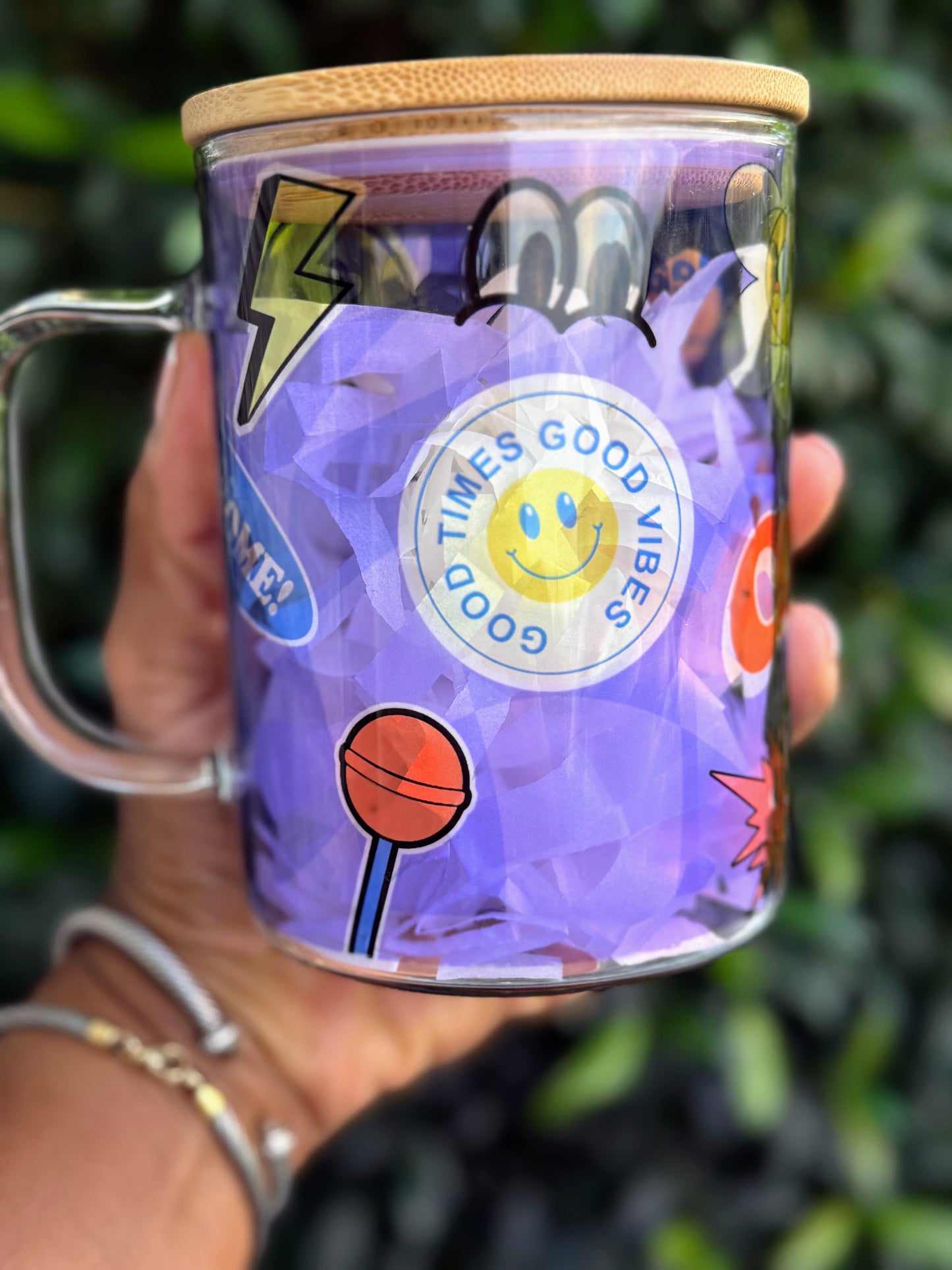 Retro “Cool!” Smiley Flower Glass Jar with Bamboo Lid and Straw