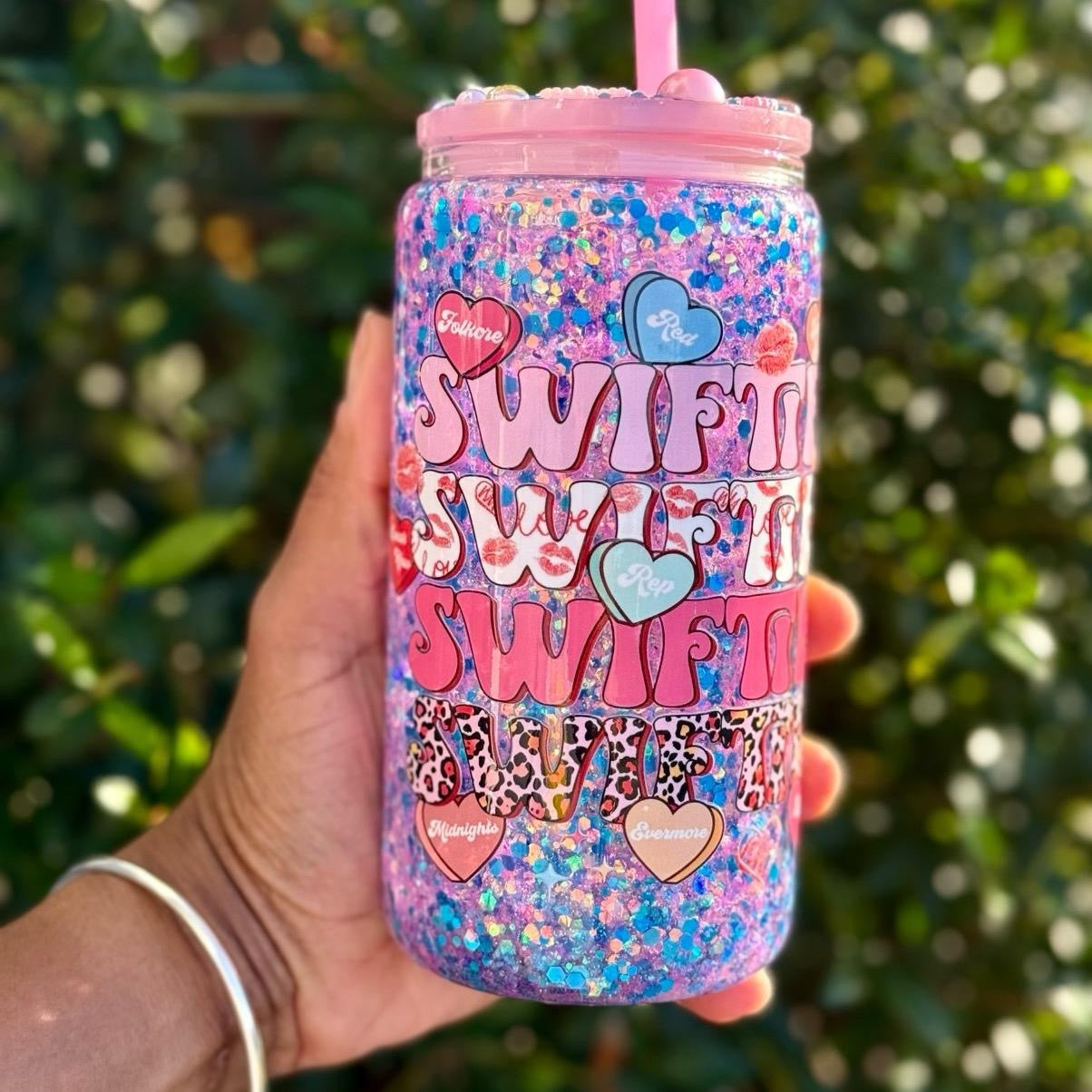 Swiftie Inspired Glass Snow Globe Tumbler with Glitter & Straw