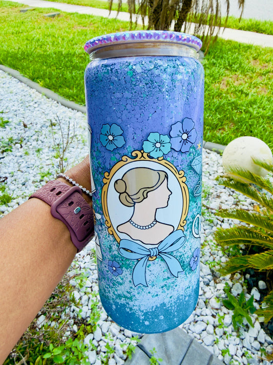 Vintage Cameo Glitter Glass Can Tumbler – Blue Purple Floral Bow Design
