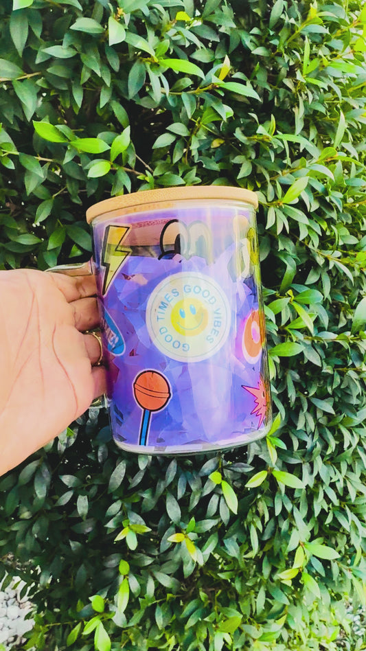 Retro “Cool!” Smiley Flower Glass Jar with Bamboo Lid and Straw