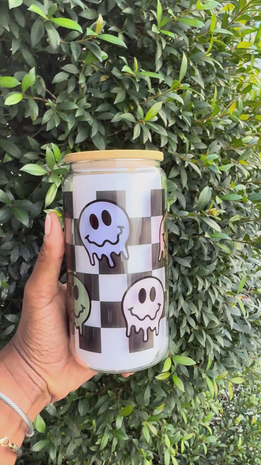 16oz Checkerboard Drippy Smiley Face Glass Tumbler