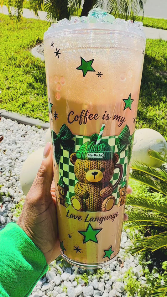 Coffee Is My Love Language 24oz Snowglobe Tumbler with ice topping