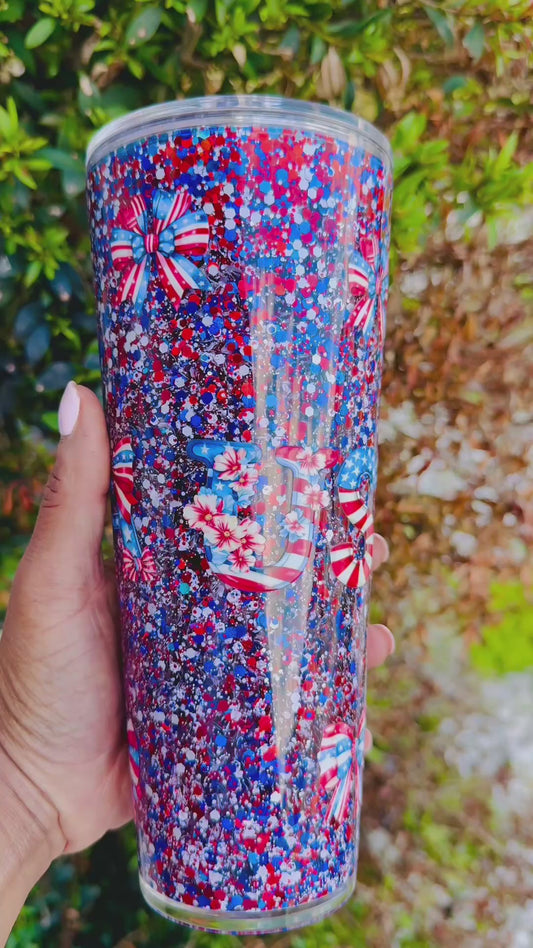 Patriotic Glitter Tumbler – Red White & Blue Bow Wreath 4th of July Cup