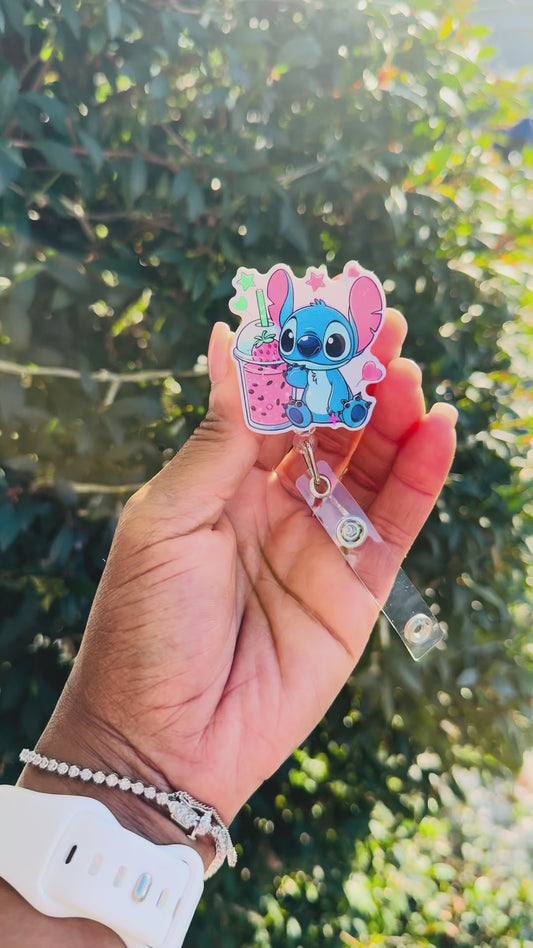 Blue Alien Badge Reel, Strawberry Drink ID Holder