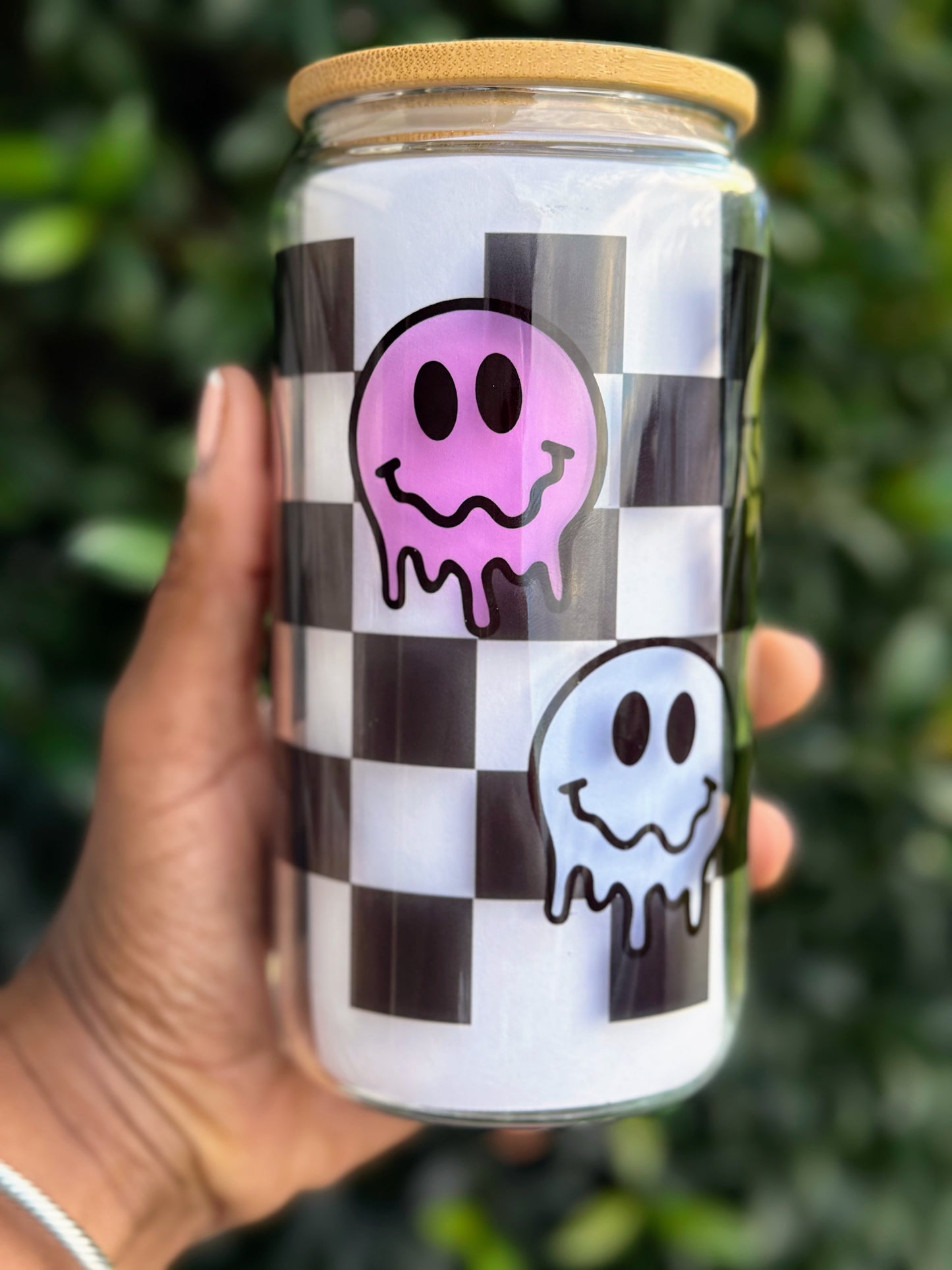 16oz Checkerboard Drippy Smiley Face Glass Tumbler