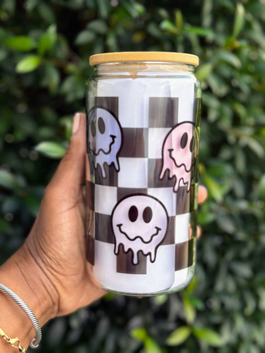 16oz Checkerboard Drippy Smiley Face Glass Tumbler